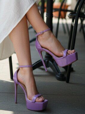 Lilac Platform Stiletto Heels With Ankle Strap Patent Finish